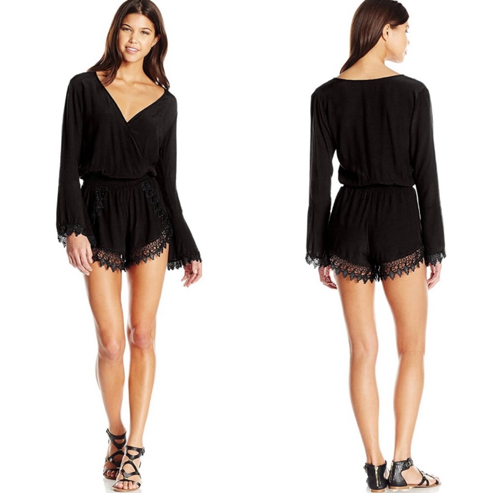 Boho Crochet Lace Trim Surplice Smocked Romper - Picture 2 of 3